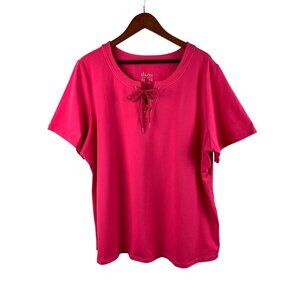 D & Co. Womens Plus Size 3X Pink Lace-Up Neck Short Sleeve T-Shirt